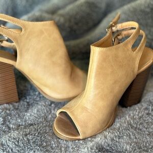 Bella Marie Tan Peep-Toe Block Heels